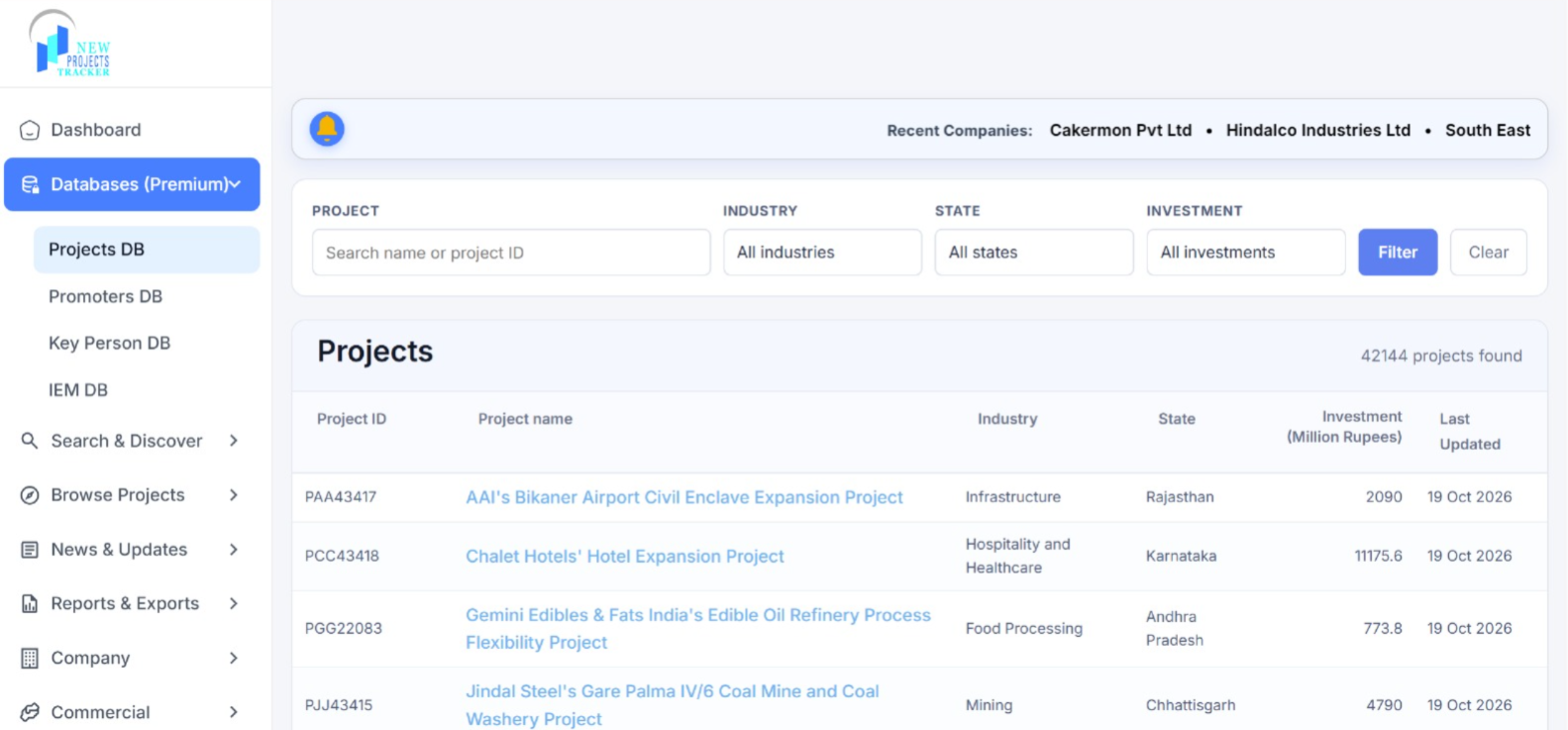 NPT projects dashboard