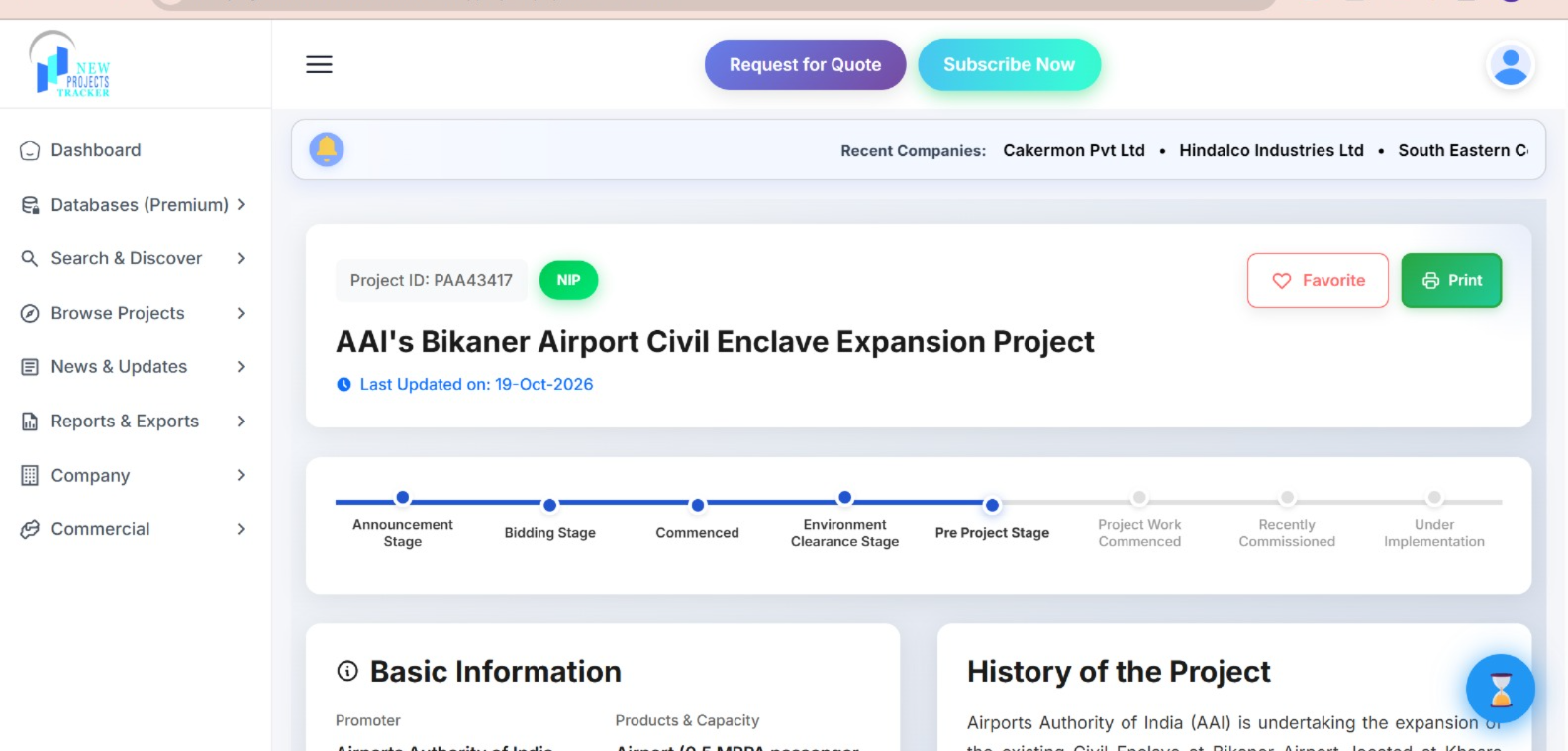 NPT project details and lifecycle timeline